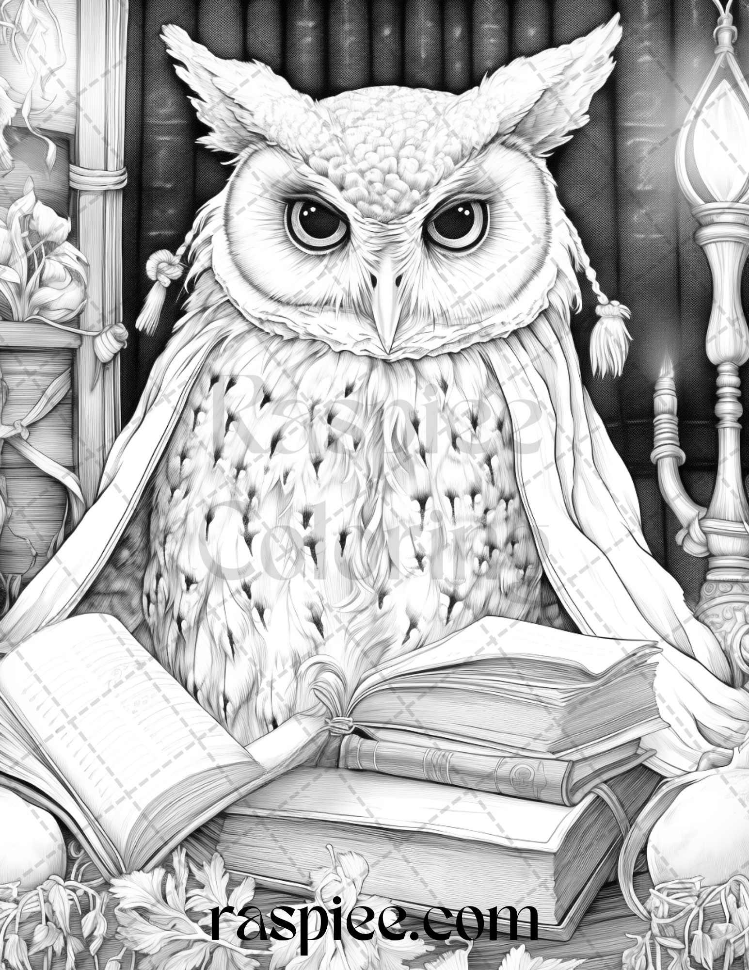 Halloween Witch Owl Grayscale Coloring Pages for Adults and Kids, Printable PDF Instant Download