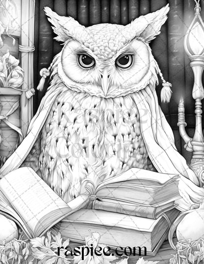 Halloween Witch Owl Grayscale Coloring Pages for Adults and Kids, Printable PDF Instant Download