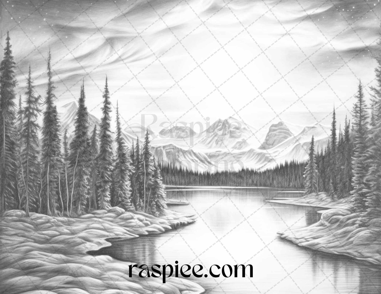 Aurora Borealis Landscape Grayscale Coloring Pages for Adults, Printable PDF File Instant Download