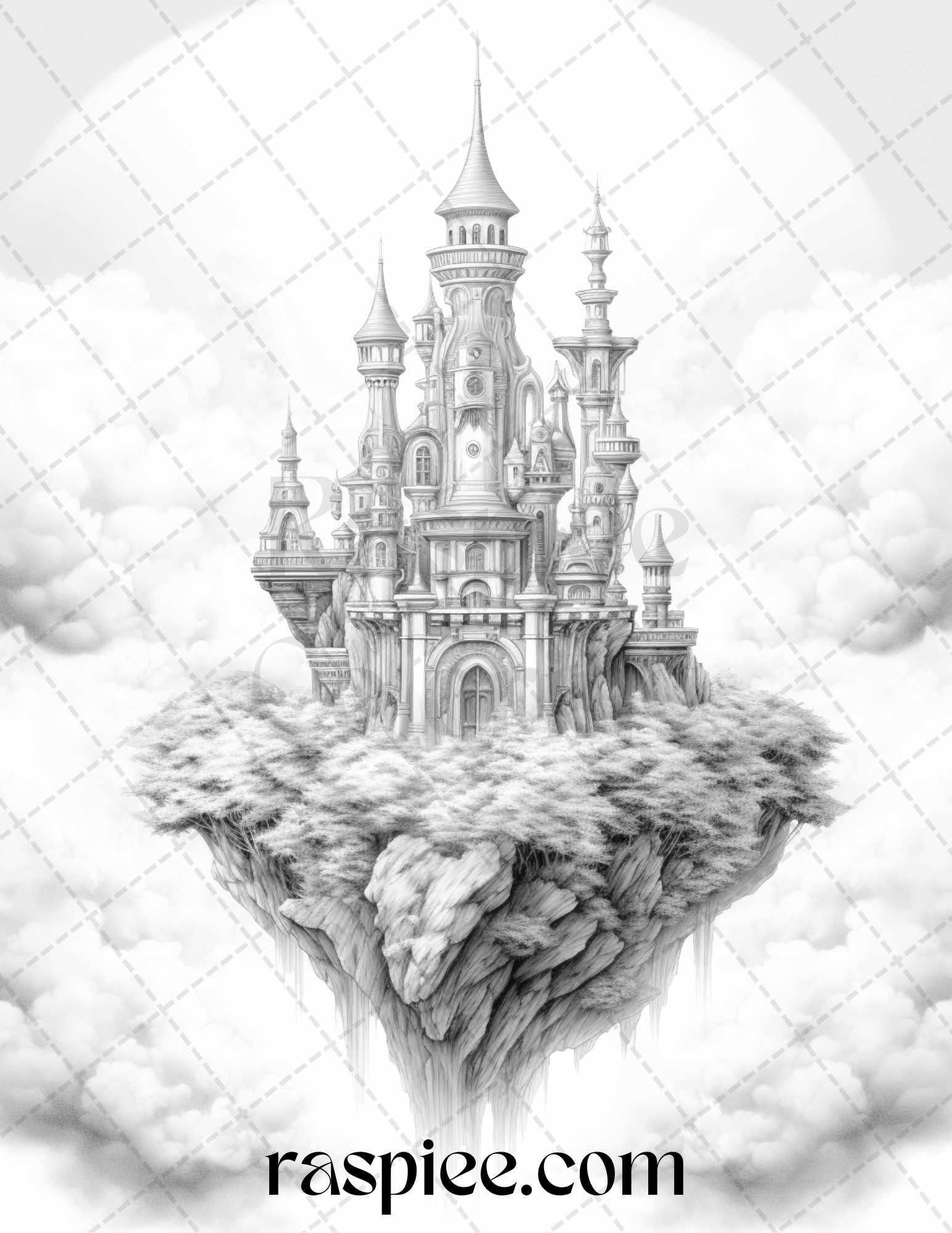 Floating Castle in the Sky Grayscale Coloring Pages for Adults, Printable PDF File Instant Download