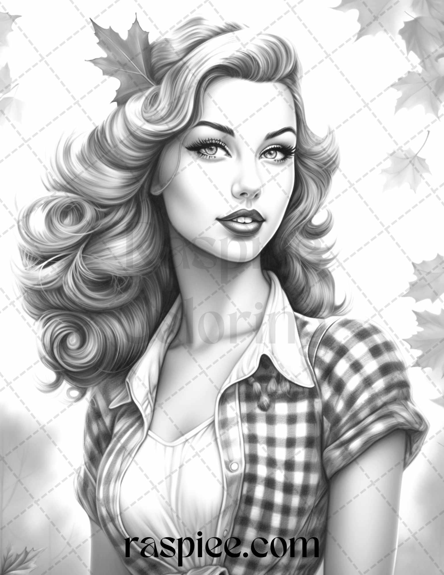 55 Autumn Pin Up Girls Grayscale Coloring Pages Printable for Adults, PDF File Instant Download