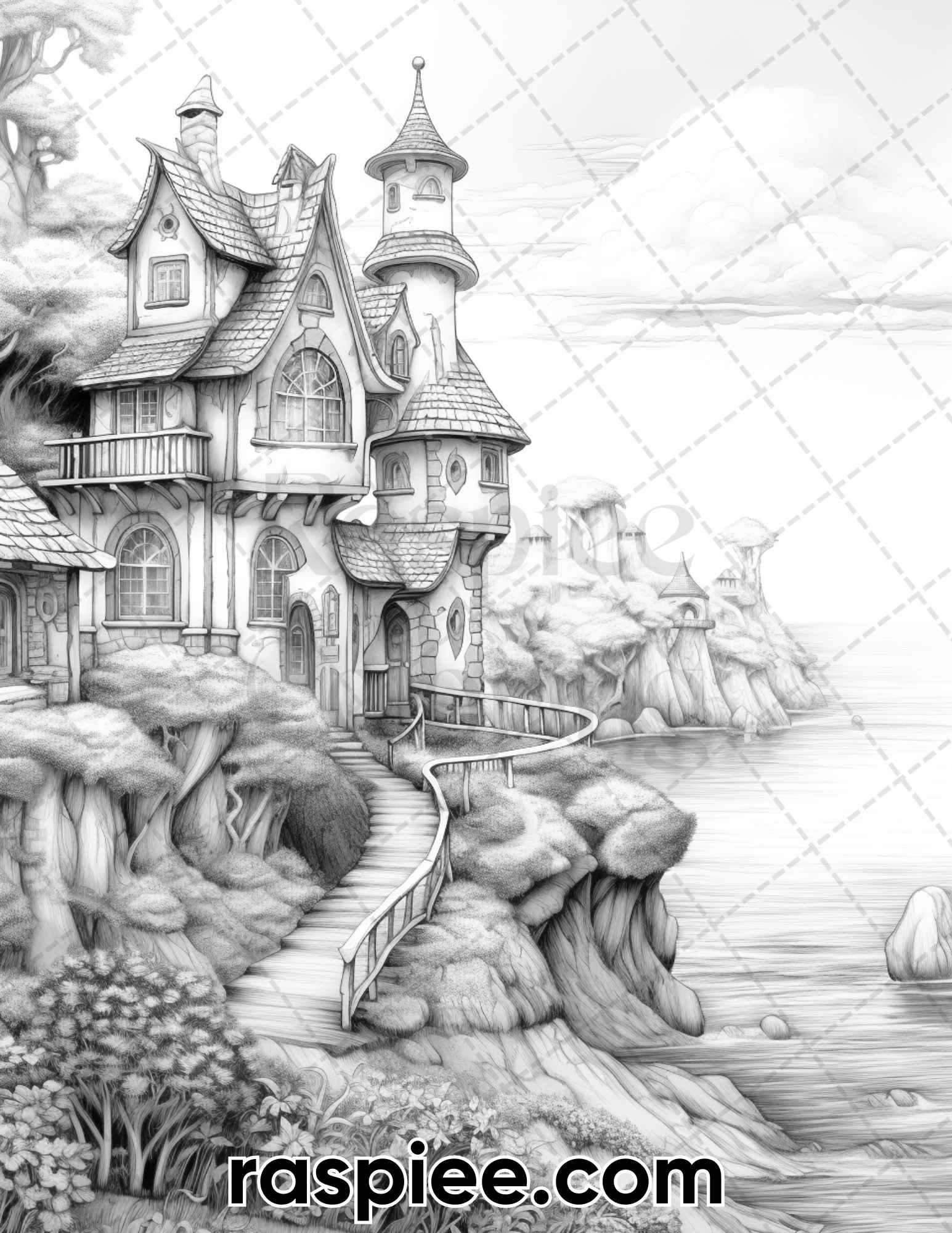 50 Fairy Beach Houses Grayscale Coloring Pages for Adults, Printable PDF Instant Download