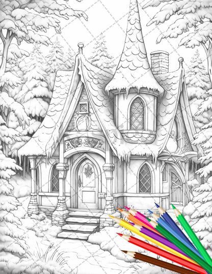 63 Winter Fairy Houses Grayscale Coloring Pages Printable for Adults, PDF File Instant Download