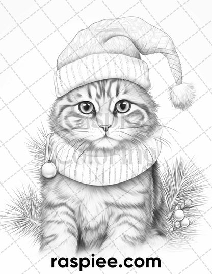 40 Christmas Cats Grayscale Coloring Pages for Adults, Printable PDF Instant Download