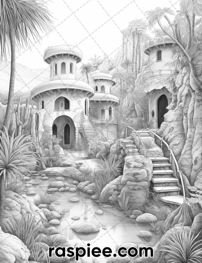 55 Desert Oasis Fairy Homes Grayscale Coloring Pages for Adults, Printable PDF Instant Download