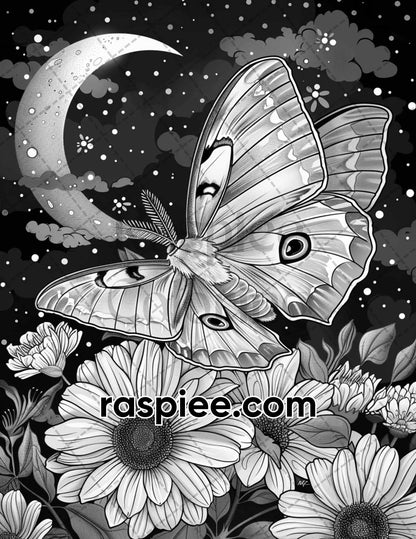 77 Butterflies and Moths Grayscale Adult Coloring Pages, Printable PDF Instant Download