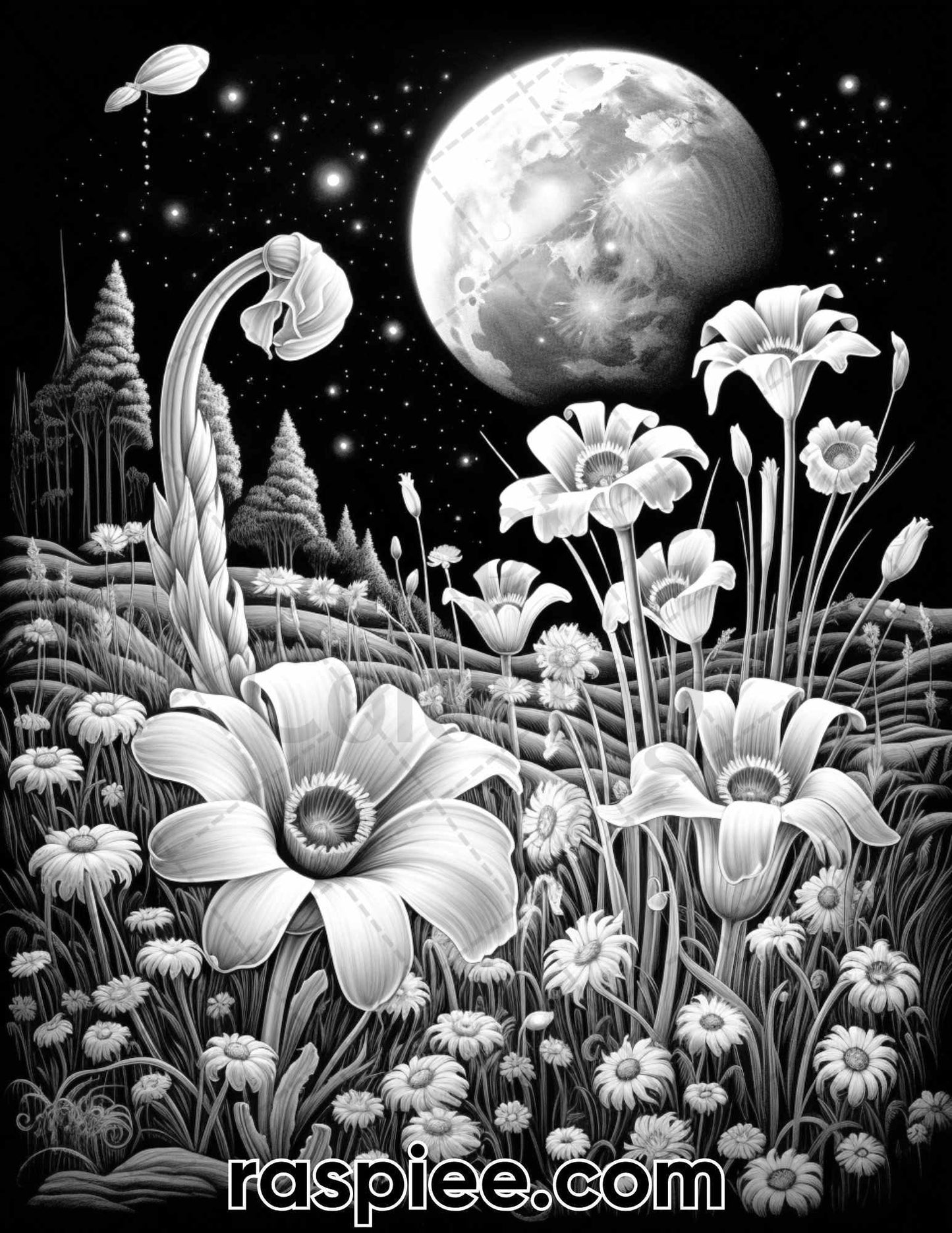 50 Flowers Under Moonlight Grayscale Coloring Pages for Adults, Printable PDF Instant Download