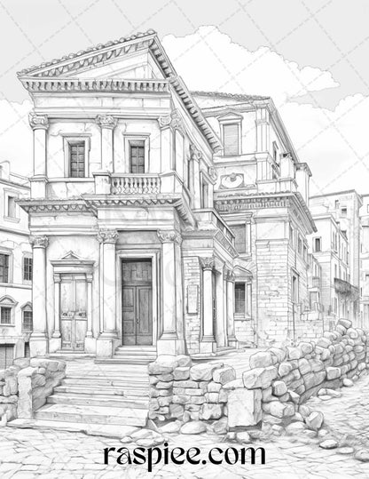 Roman Architecture Grayscale Coloring Pages Printable for Adults, PDF File Instant Download