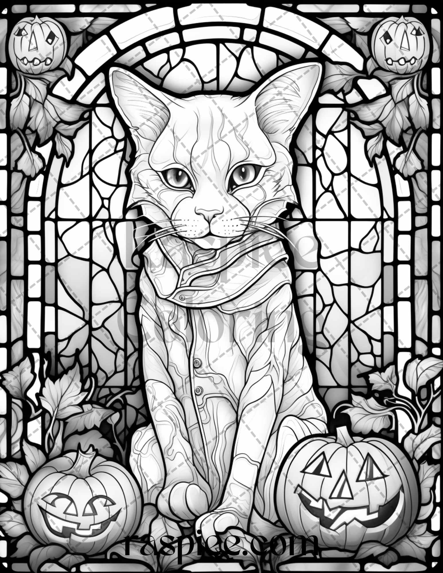 70 Halloween Stained Glass Grayscale Coloring Pages Printable for Adults, PDF File Instant Download