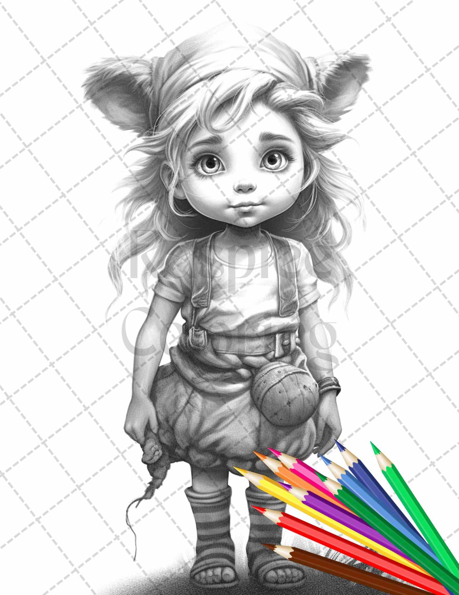 41 Adorable Gnome Girls Grayscale Coloring Pages Printable for Adults and Kids, PDF File Instant Download
