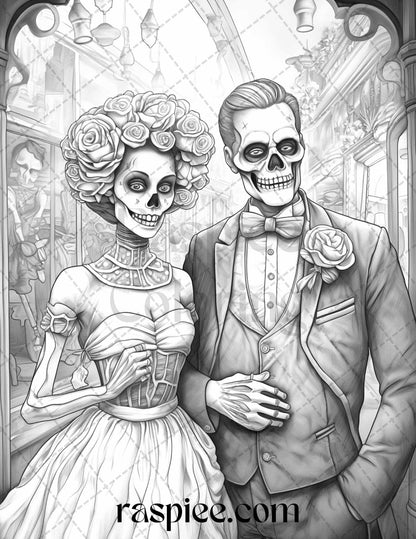 50 Day of the Dead Grayscale Coloring Pages Printable for Adults, PDF File Instant Download