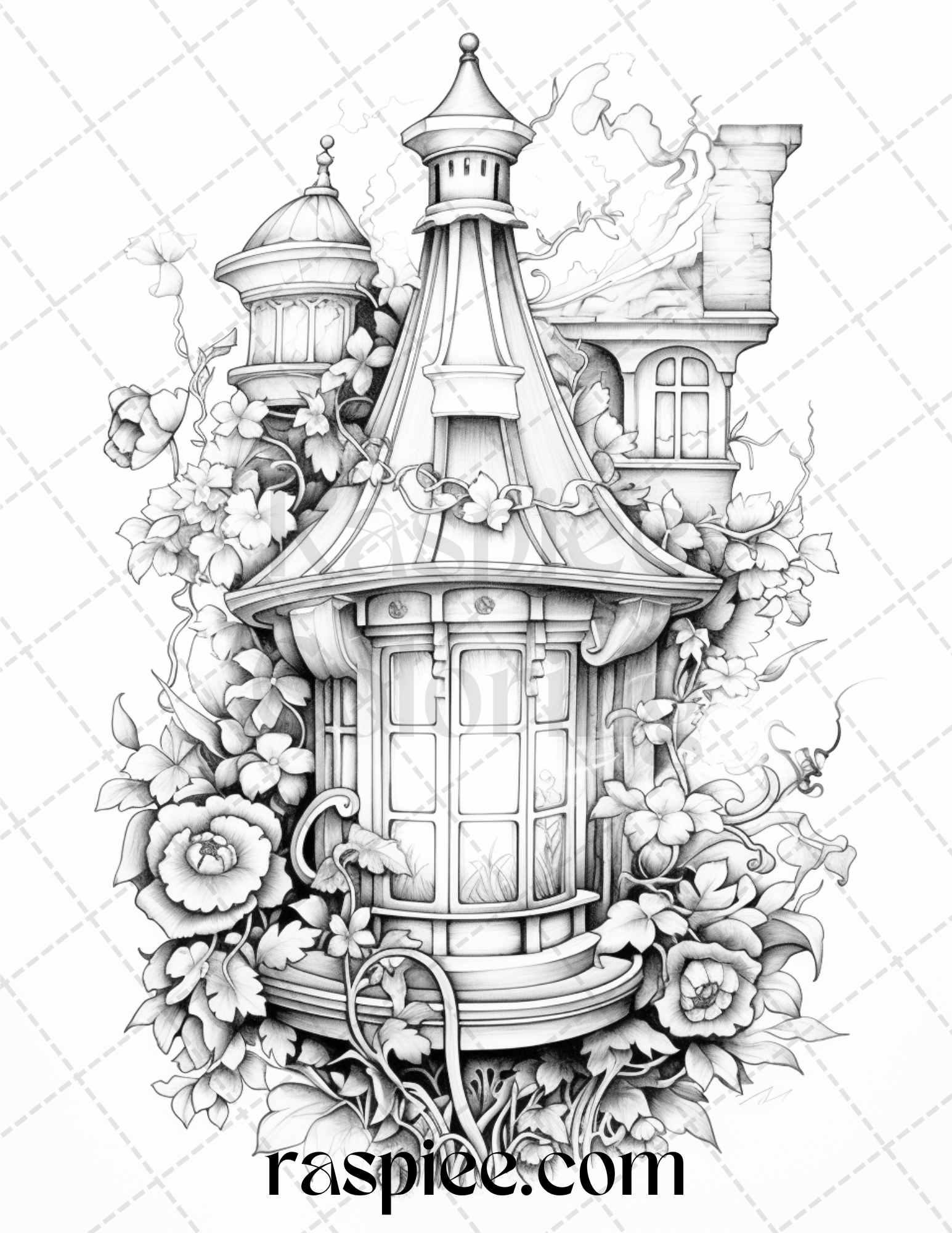 50 Lantern Fairy Houses Grayscale Coloring Pages Printable for Adults, PDF File Instant Download