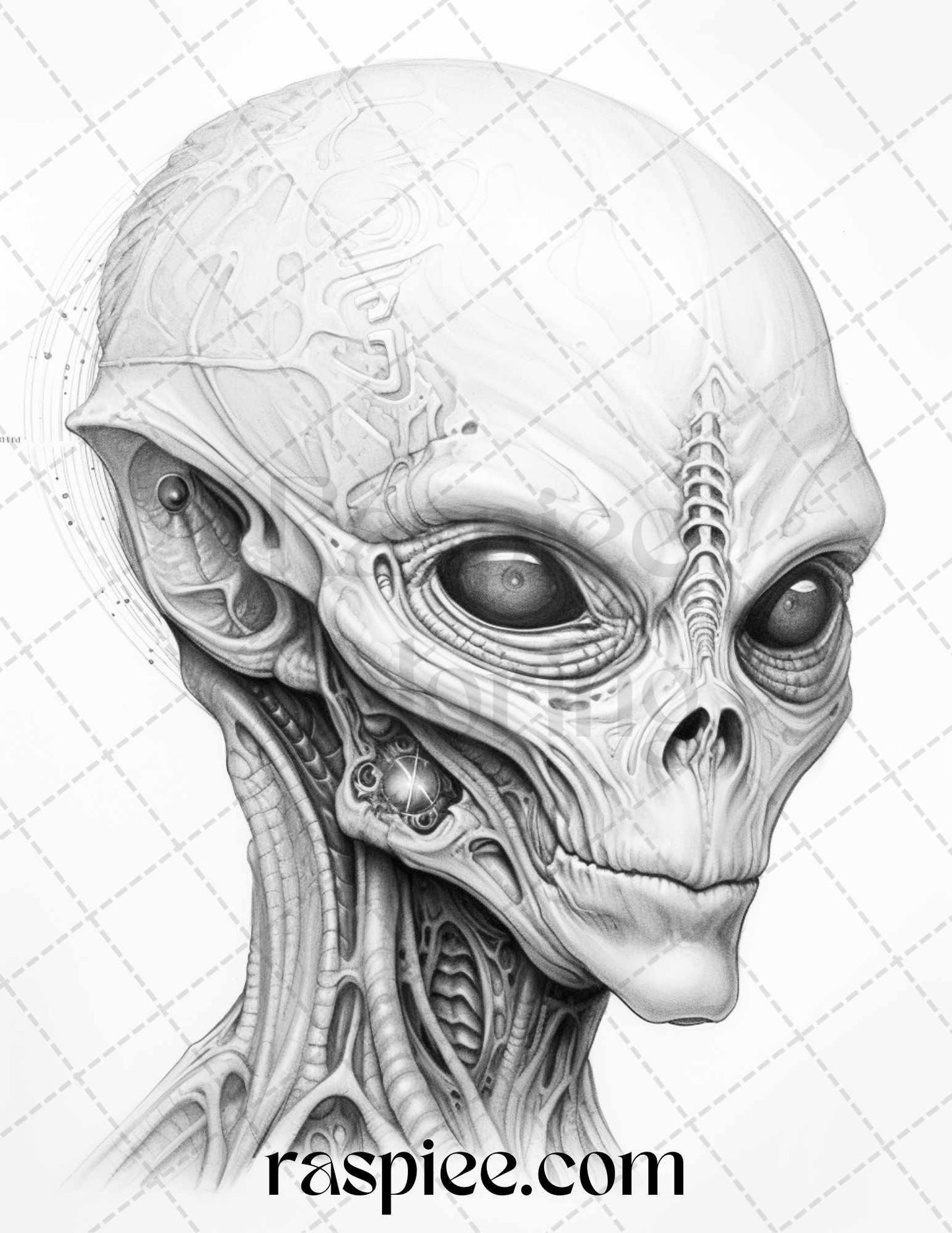65 Alien Portrait Grayscale Coloring Pages for Adults, Printable PDF File Instant Download
