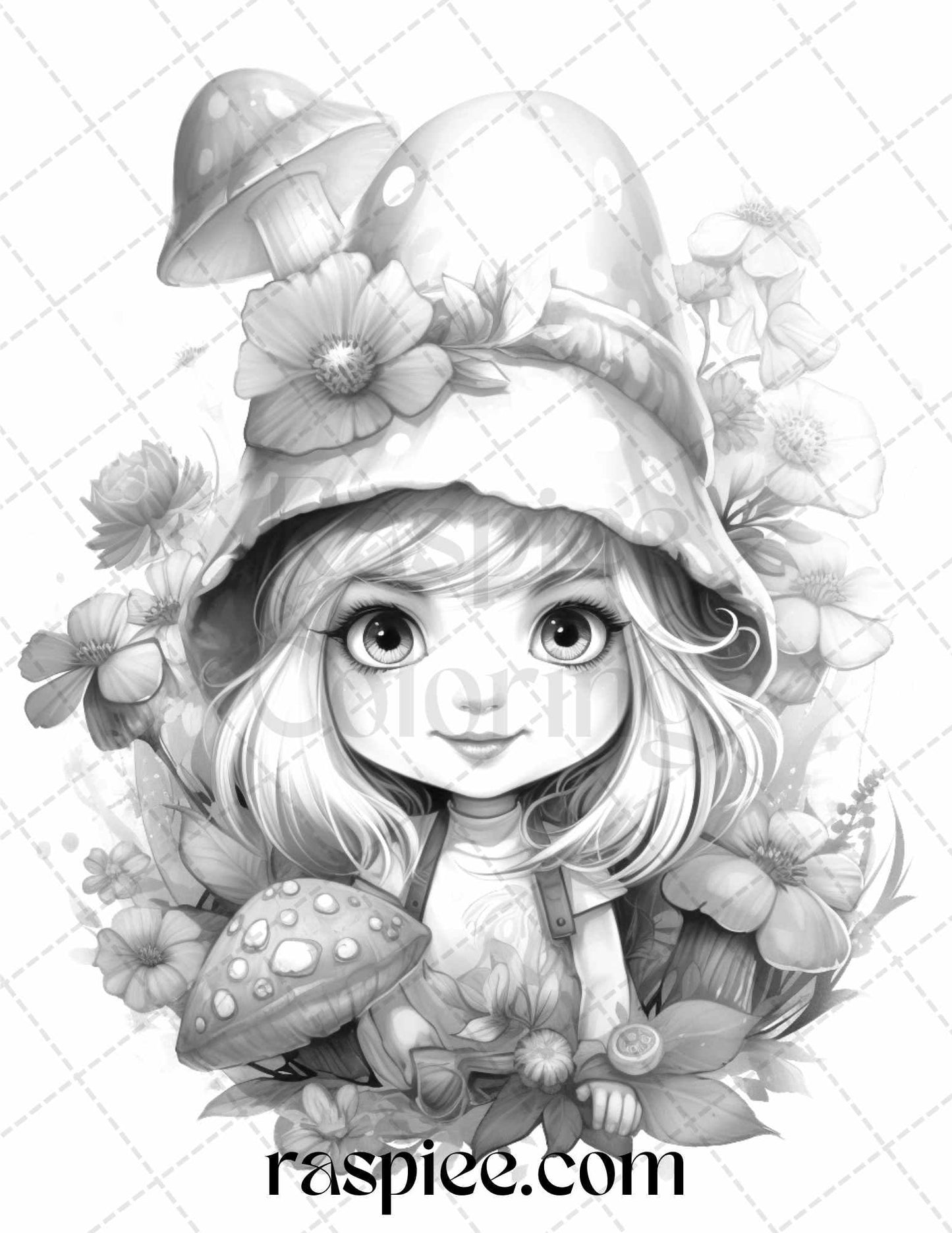 50 Flower Gnomes Grayscale Coloring Pages Printable for Adults Kids, PDF File Instant Download