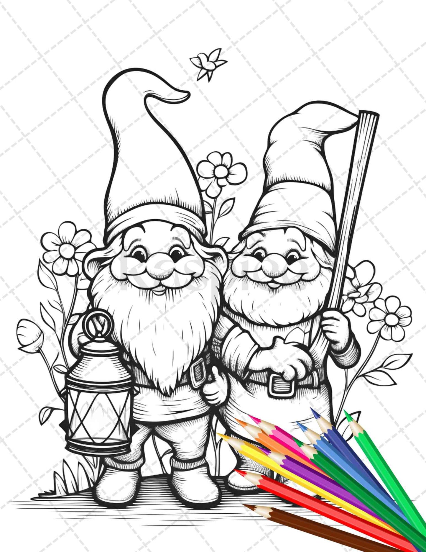 33 Gnome Love Coloring Pages Printable for Adults, Grayscale Coloring Page, PDF File Instant Download