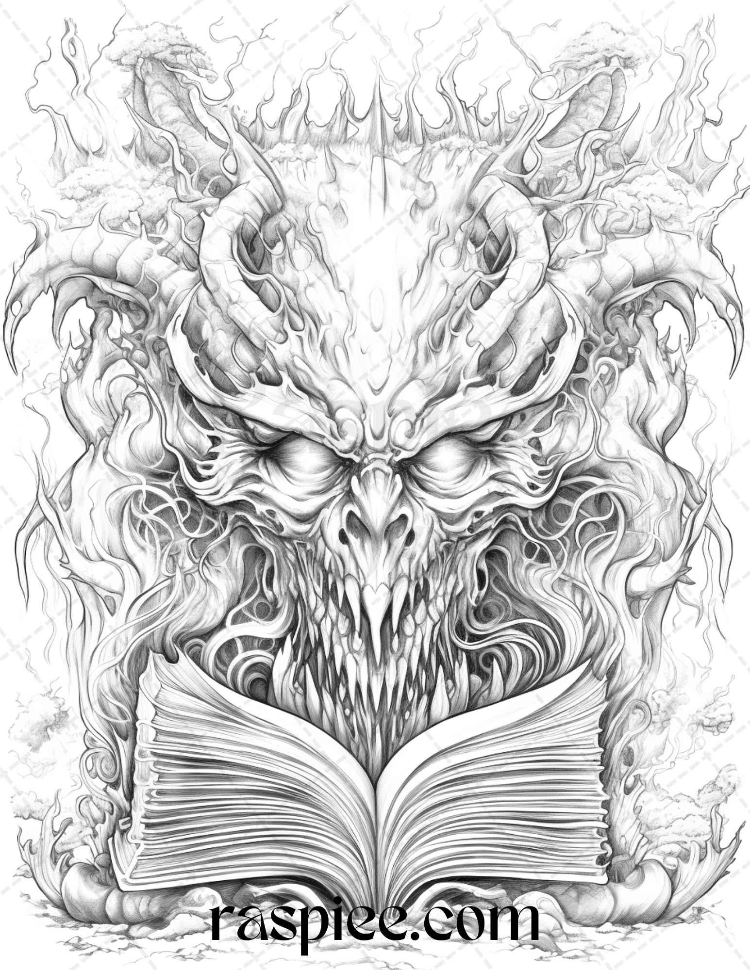 50 Magical Books Grayscale Coloring Pages Printable for Adults, PDF File Instant Download
