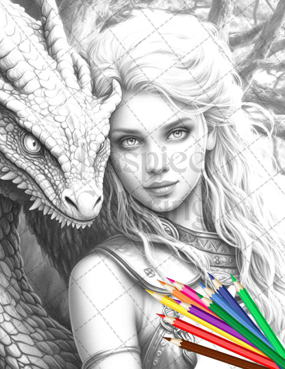 Enchanted Dragon Queens Grayscale Coloring Pages Printable for Adults, PDF File Instant Download