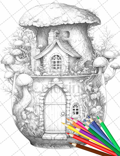 Fairy House in Jar Grayscale Coloring Pages Printable for Adults, PDF File Instant Download