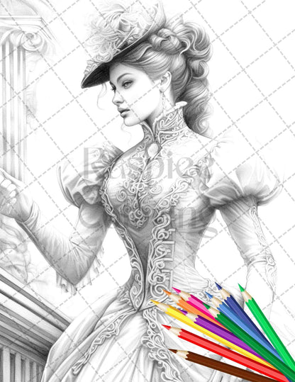 50 Victorian Fashion Grayscale Coloring Pages Printable for Adults, PDF File Instant Download