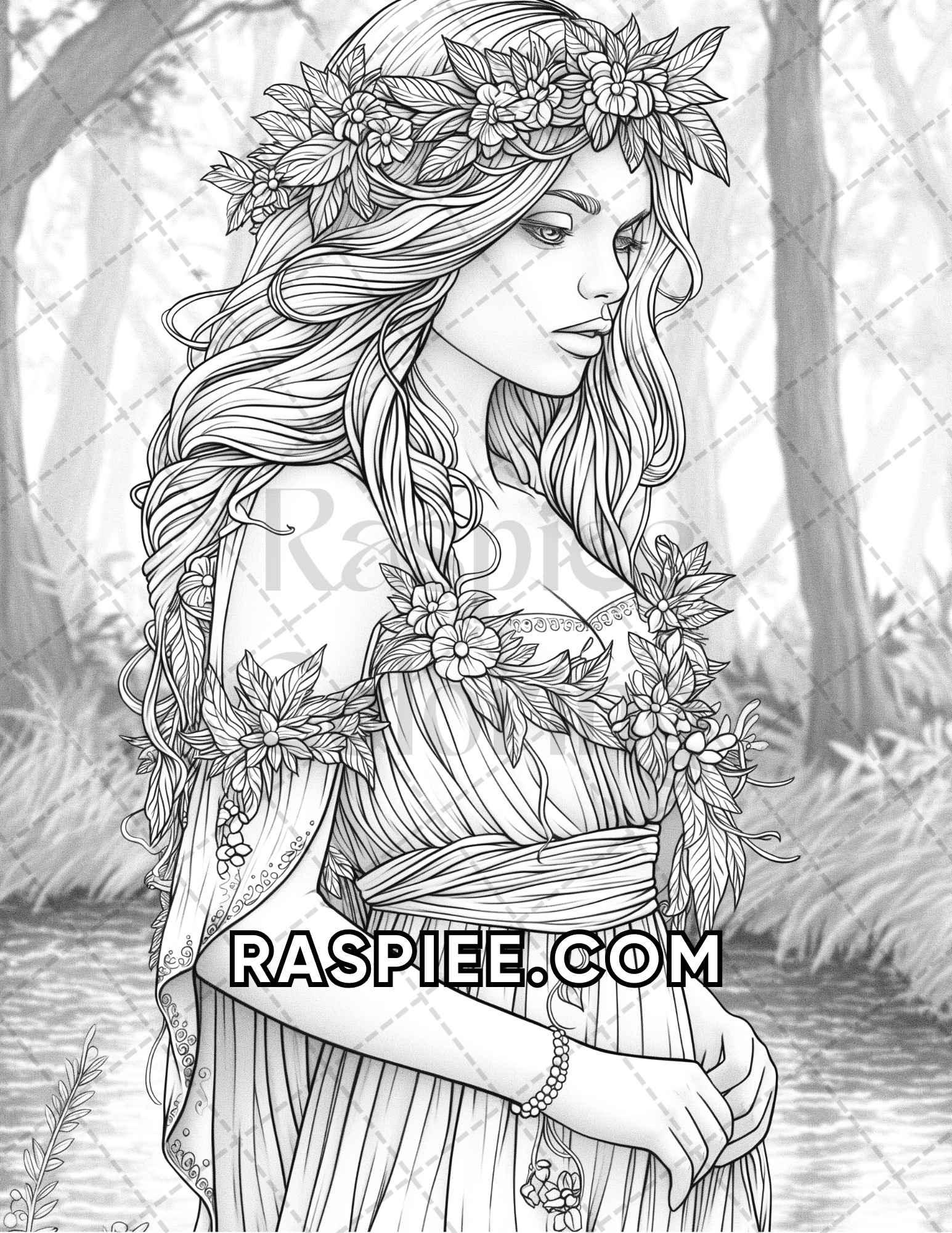 60 Fantasy Beauties Grayscale Adult Coloring Pages Printable PDF Instant Download