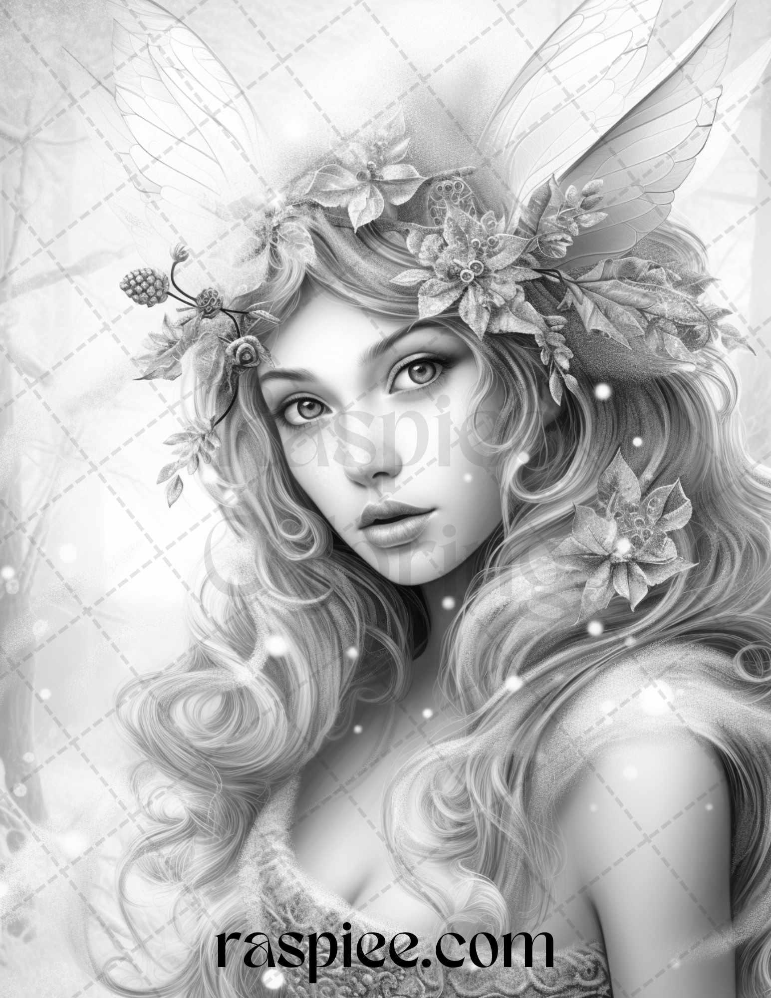 50 Winter Fairy Grayscale Coloring Pages Printable for Adults, PDF File Instant Download