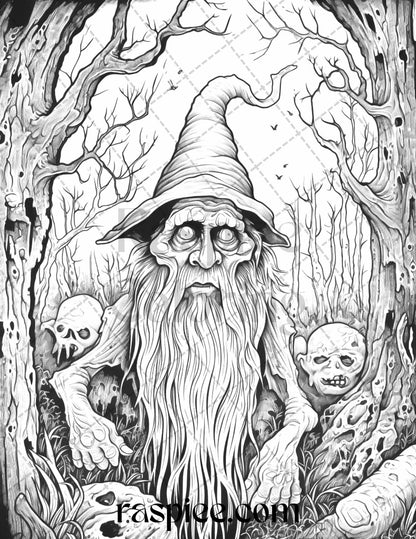 50 Horror Zombie Gnomes Grayscale Coloring Pages Printable for Adults, PDF File Instant Download