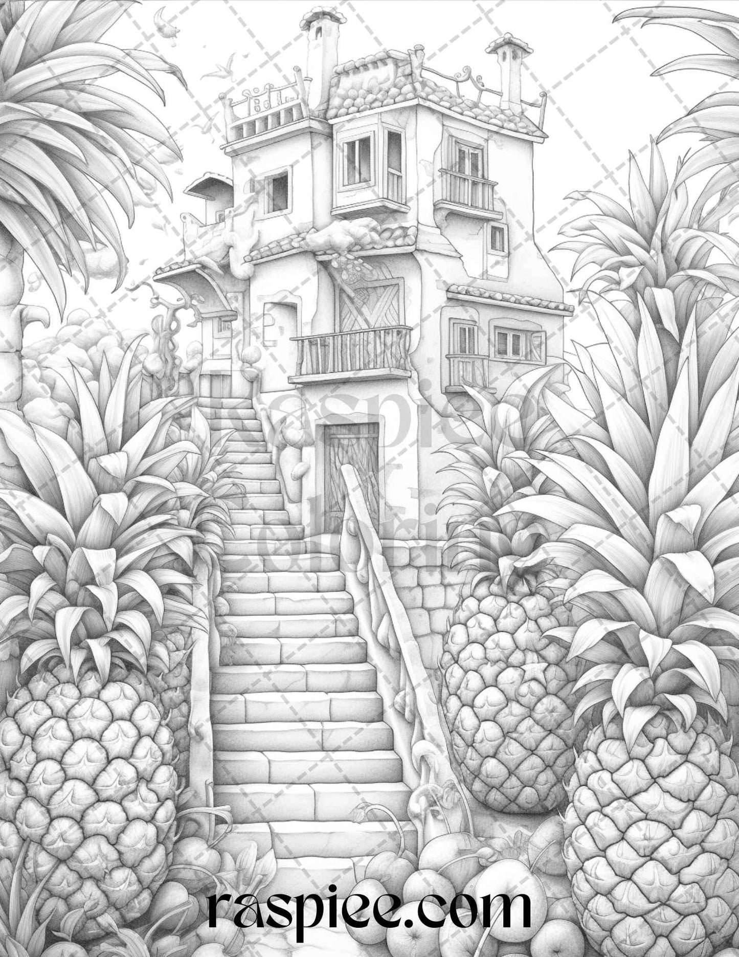 50 Pineapple Houses Grayscale Coloring Pages Printable for Adults, PDF File Instant Download