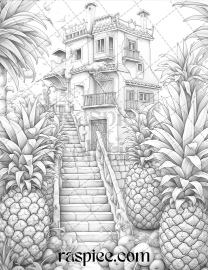 50 Pineapple Houses Grayscale Coloring Pages Printable for Adults, PDF File Instant Download