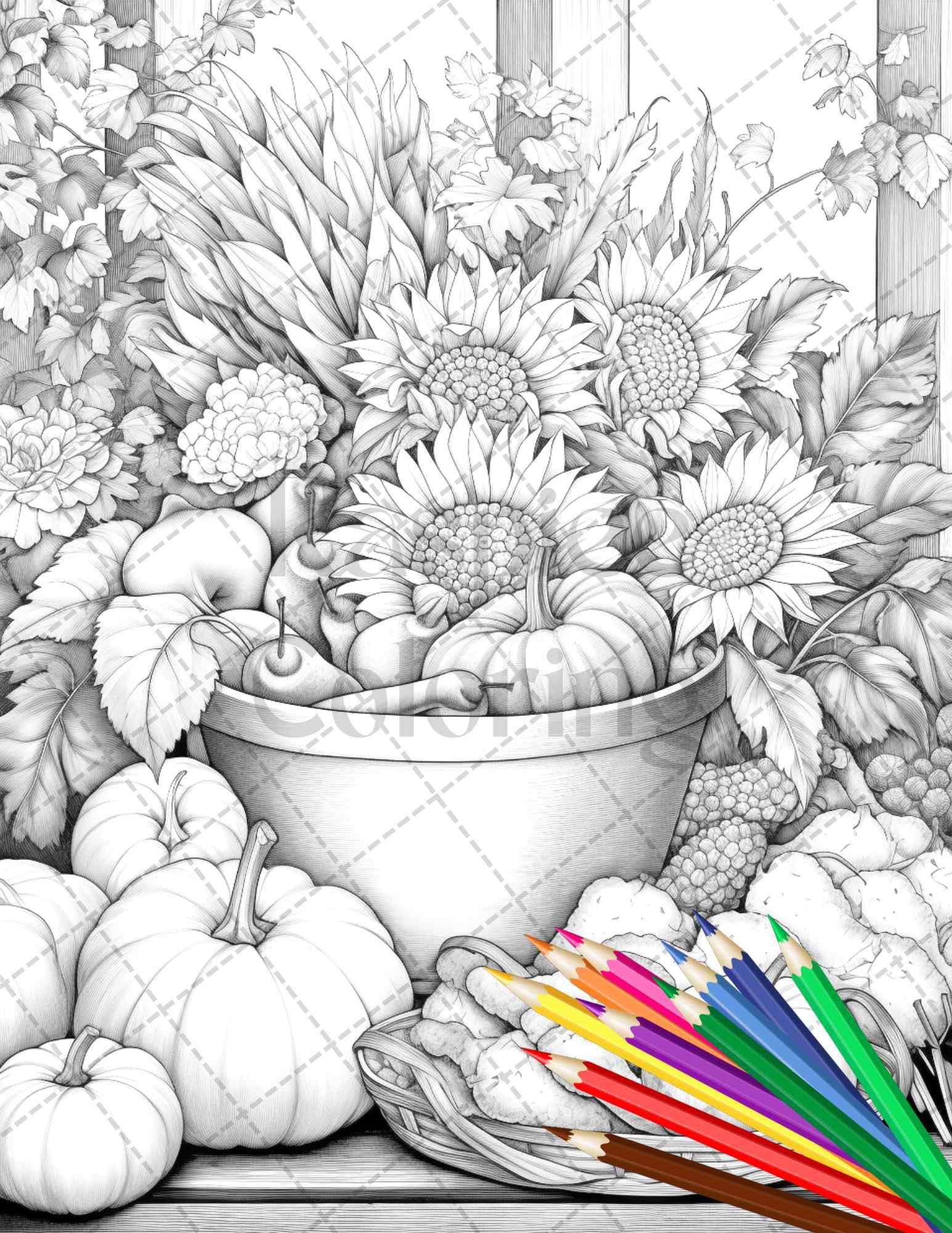 Autumn Harvest Grayscale Coloring Pages Printable for Adults, Relaxing Fall Themed Art, PDF File Instant Download