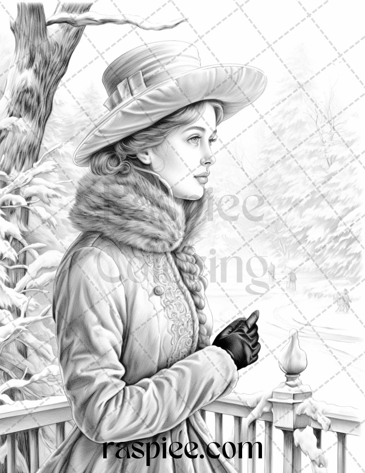 60 Victorian Winter Portrait Grayscale Coloring Pages Printable for Adults, PDF File Instant Download