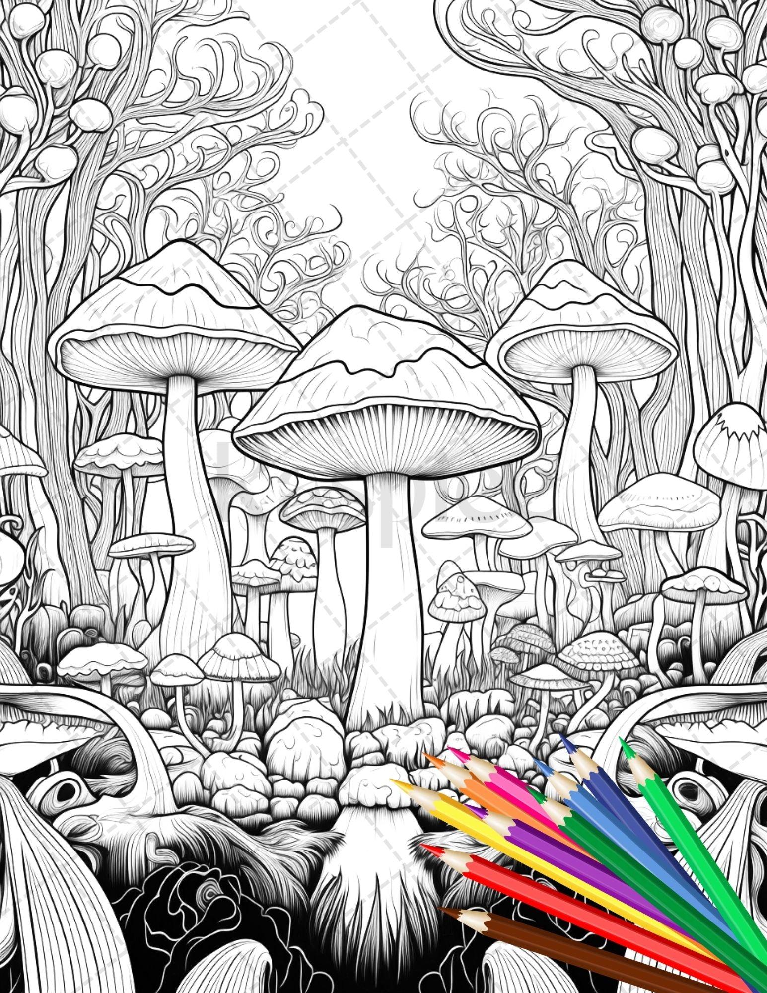 Psychedelic Mushroom Forest Coloring Book Printable for Adults, Trippy Grayscale Coloring Page, PDF File Instant Download