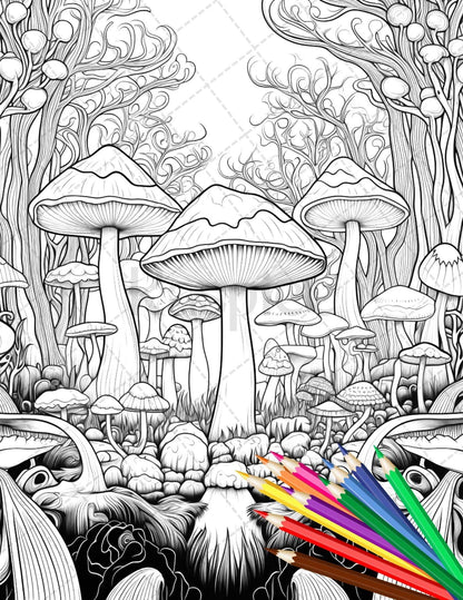 Psychedelic Mushroom Forest Coloring Book Printable for Adults, Trippy Grayscale Coloring Page, PDF File Instant Download