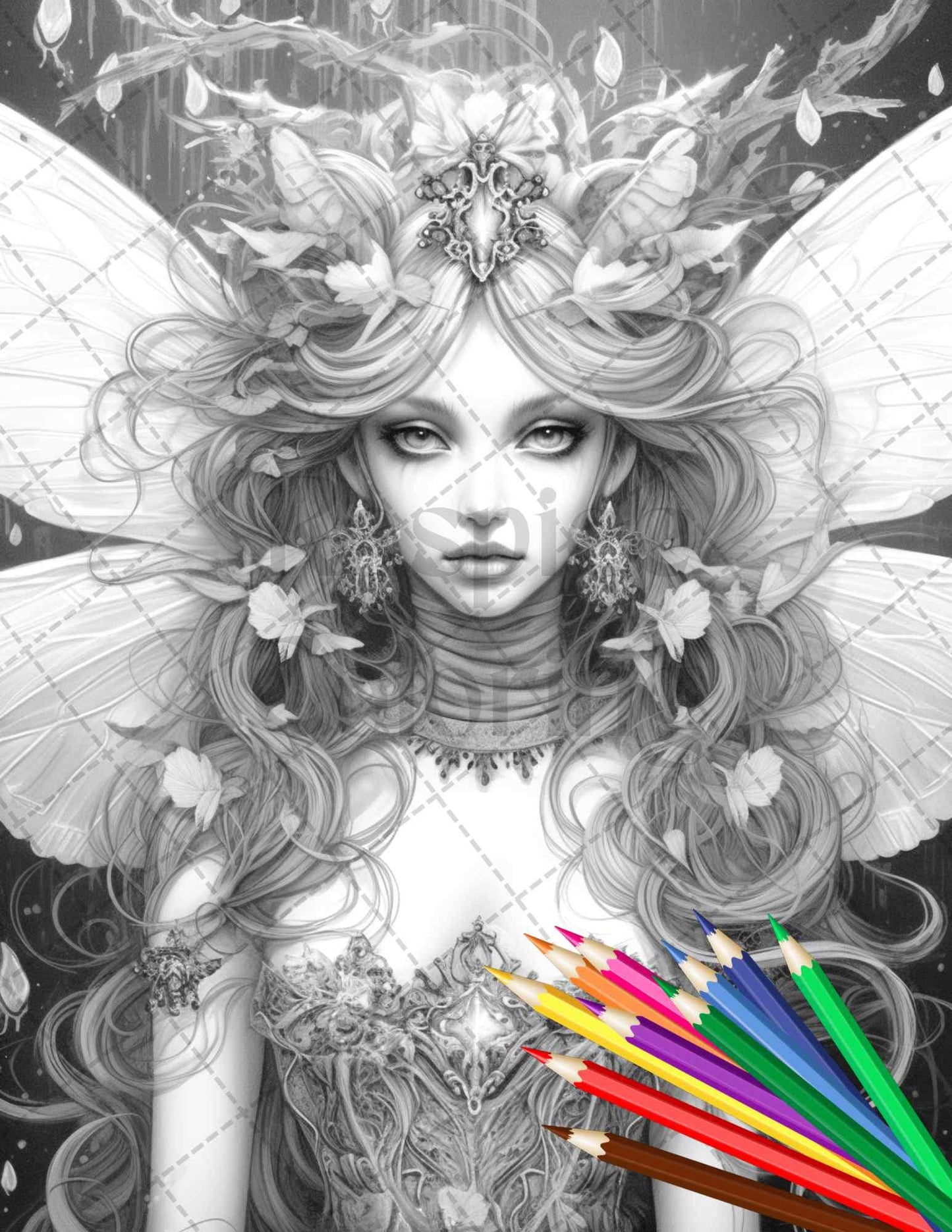 Beautiful Dark Fairy Grayscale Coloring Pages Printable for Adults, PDF File Instant Download
