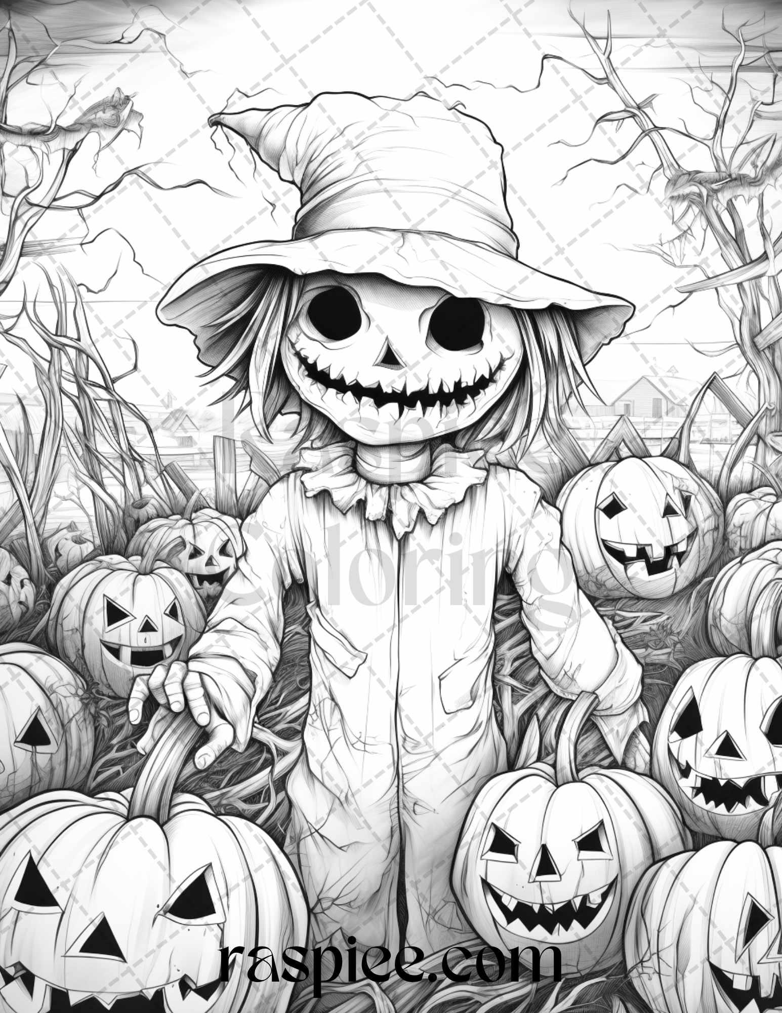 50 Halloween Scarecrows Grayscale Coloring Pages Printable for Adults, PDF File Instant Download