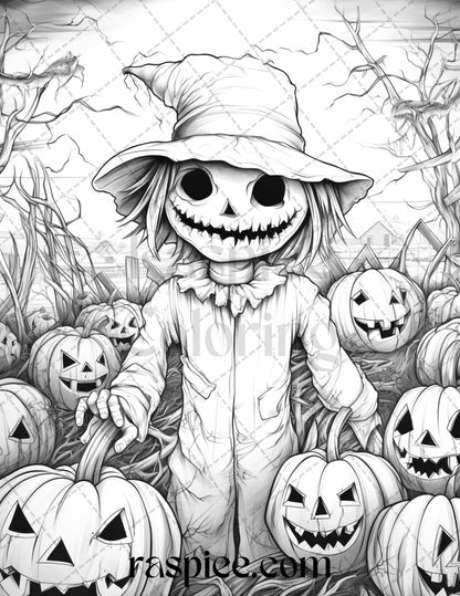 50 Halloween Scarecrows Grayscale Coloring Pages Printable for Adults, PDF File Instant Download
