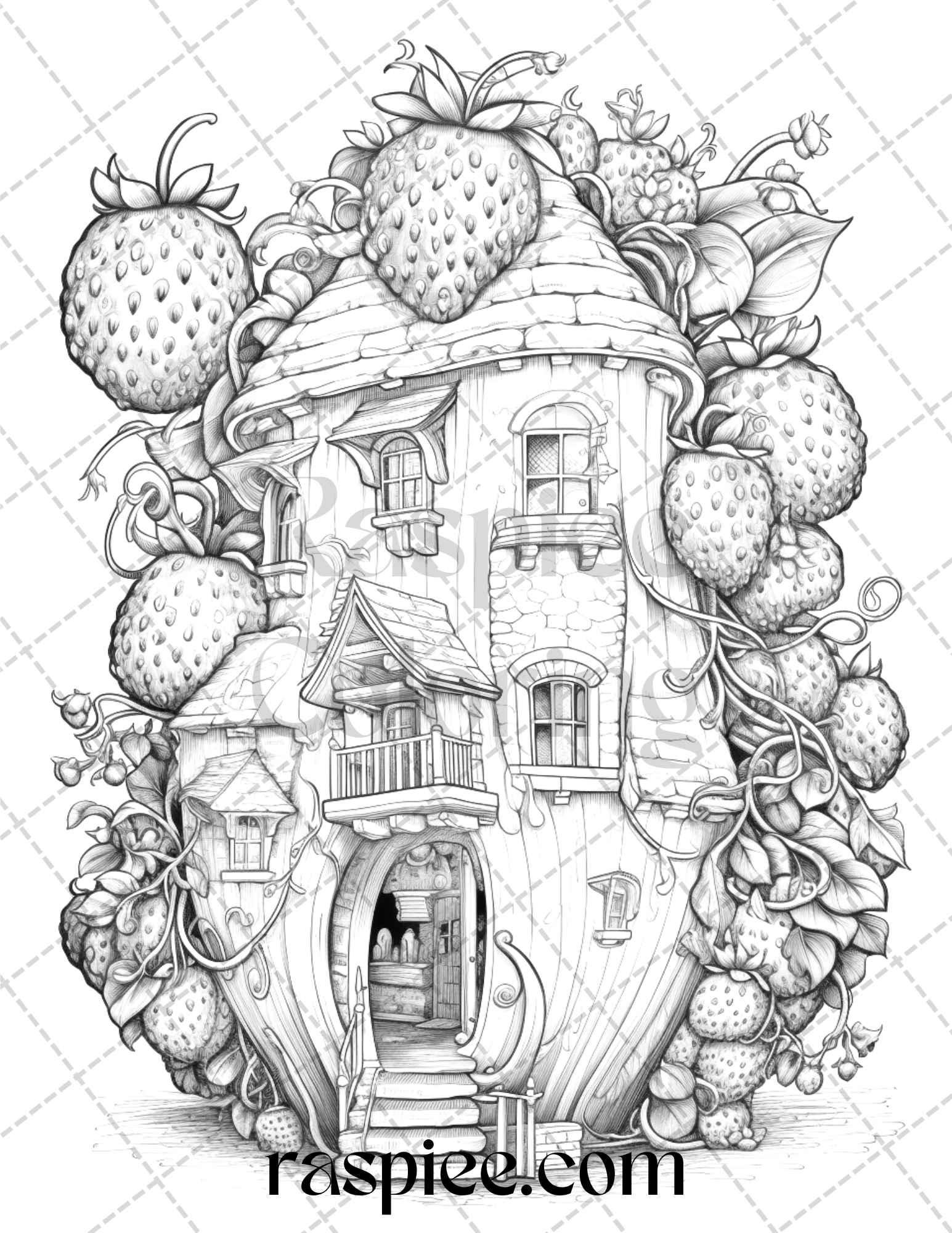 50 Strawberry Houses Grayscale Coloring Pages Printable for Adults Kids, PDF File Instant Download