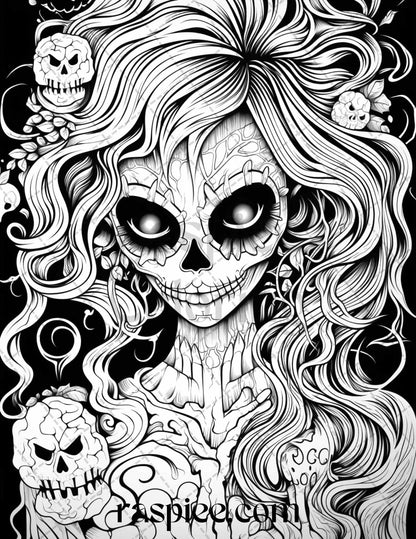 50 Spooky Miss Nightmare Grayscale Coloring Pages Printable for Adults, PDF File Instant Download