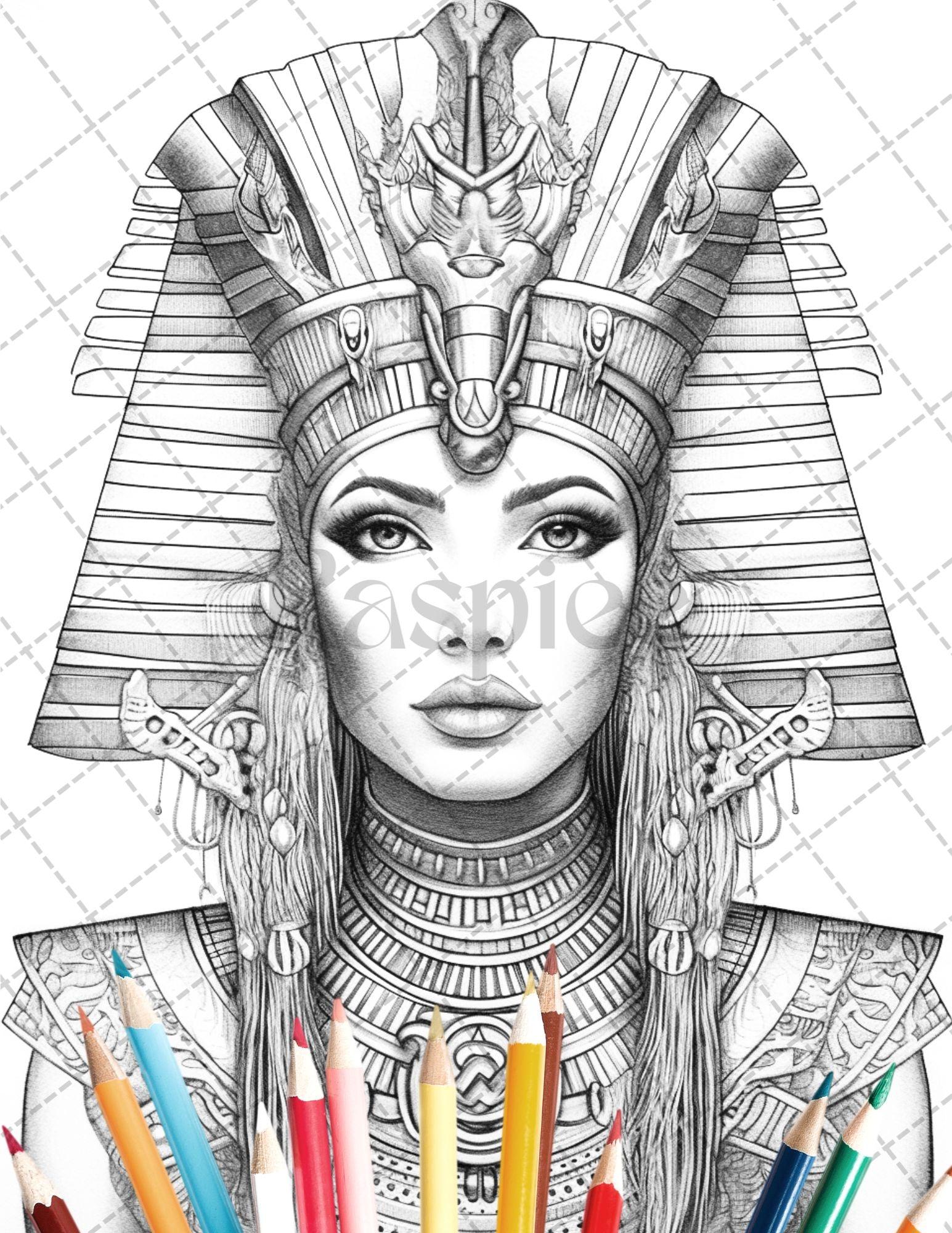 35 Ancient Egyptian Queens Coloring Book Printable for Adults, Grayscale Coloring Page, PDF File Instant Download