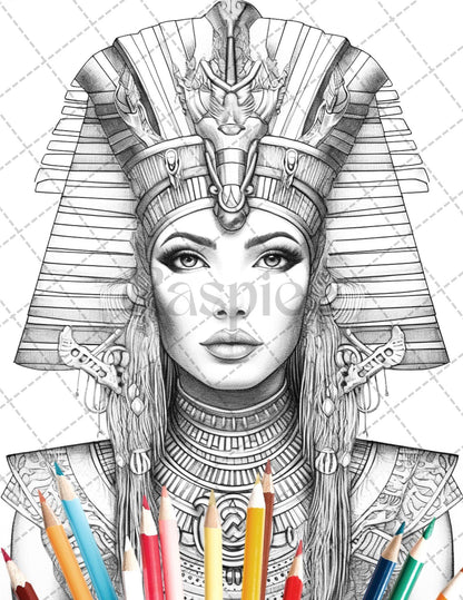 35 Ancient Egyptian Queens Coloring Book Printable for Adults, Grayscale Coloring Page, PDF File Instant Download