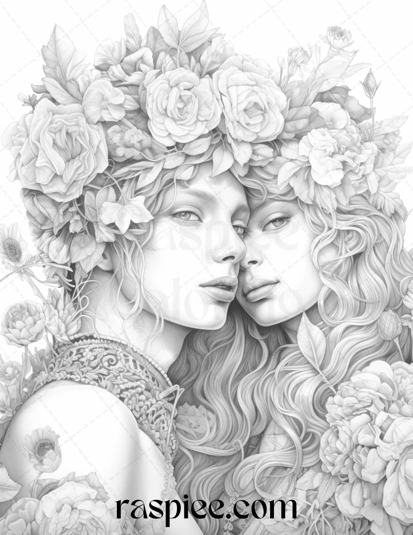 50 Romantic Couple Flowers Grayscale Coloring Pages Printable for Adults, PDF File Instant Download