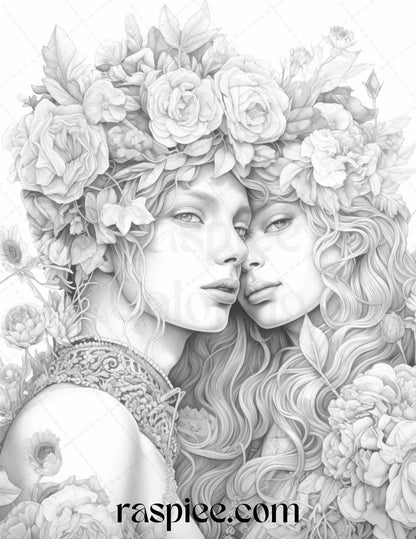 50 Romantic Couple Flowers Grayscale Coloring Pages Printable for Adults, PDF File Instant Download