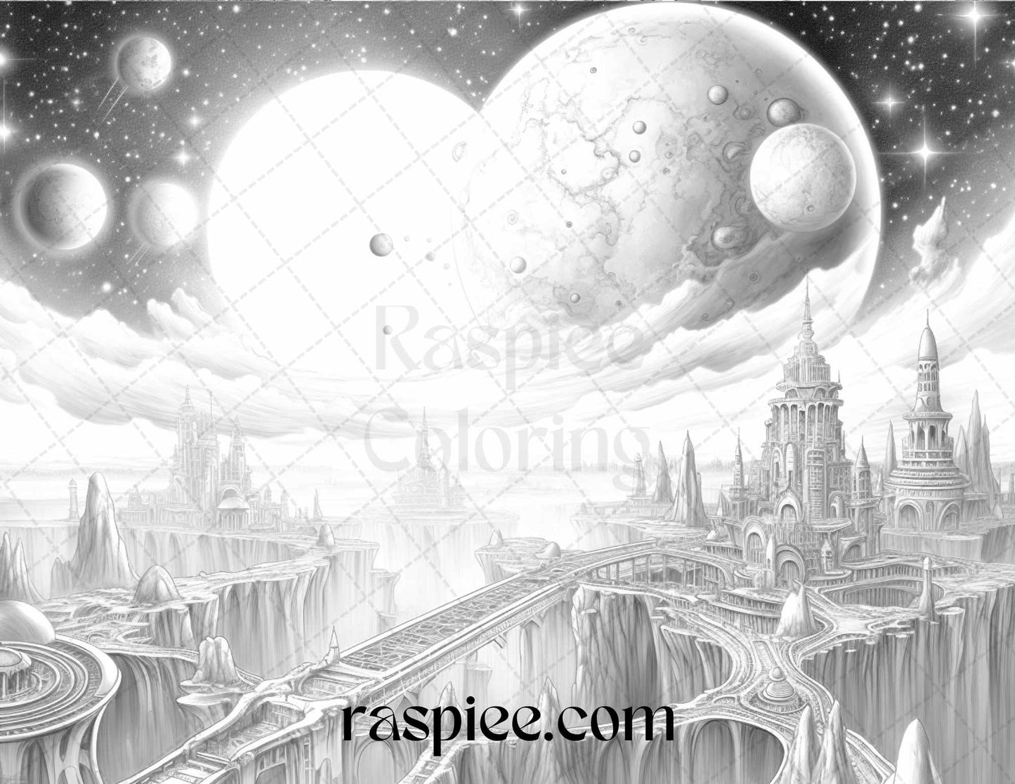 55 Celestial Landscapes Grayscale Coloring Pages Printable for Adults, PDF File Instant Download