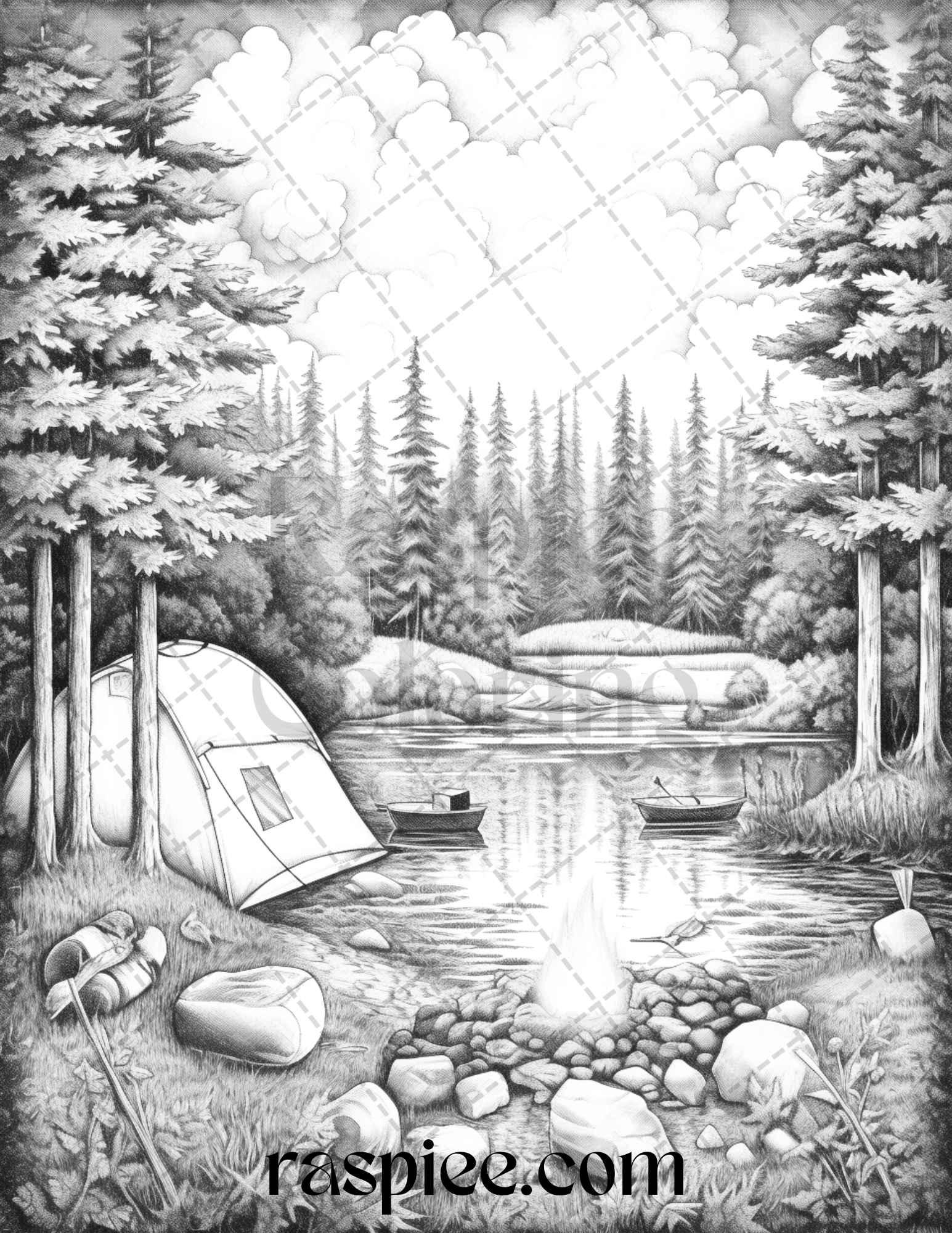 Nature Camping Grayscale Coloring Pages Printable, Relaxing Outdoor Scenes, PDF File Instant Download