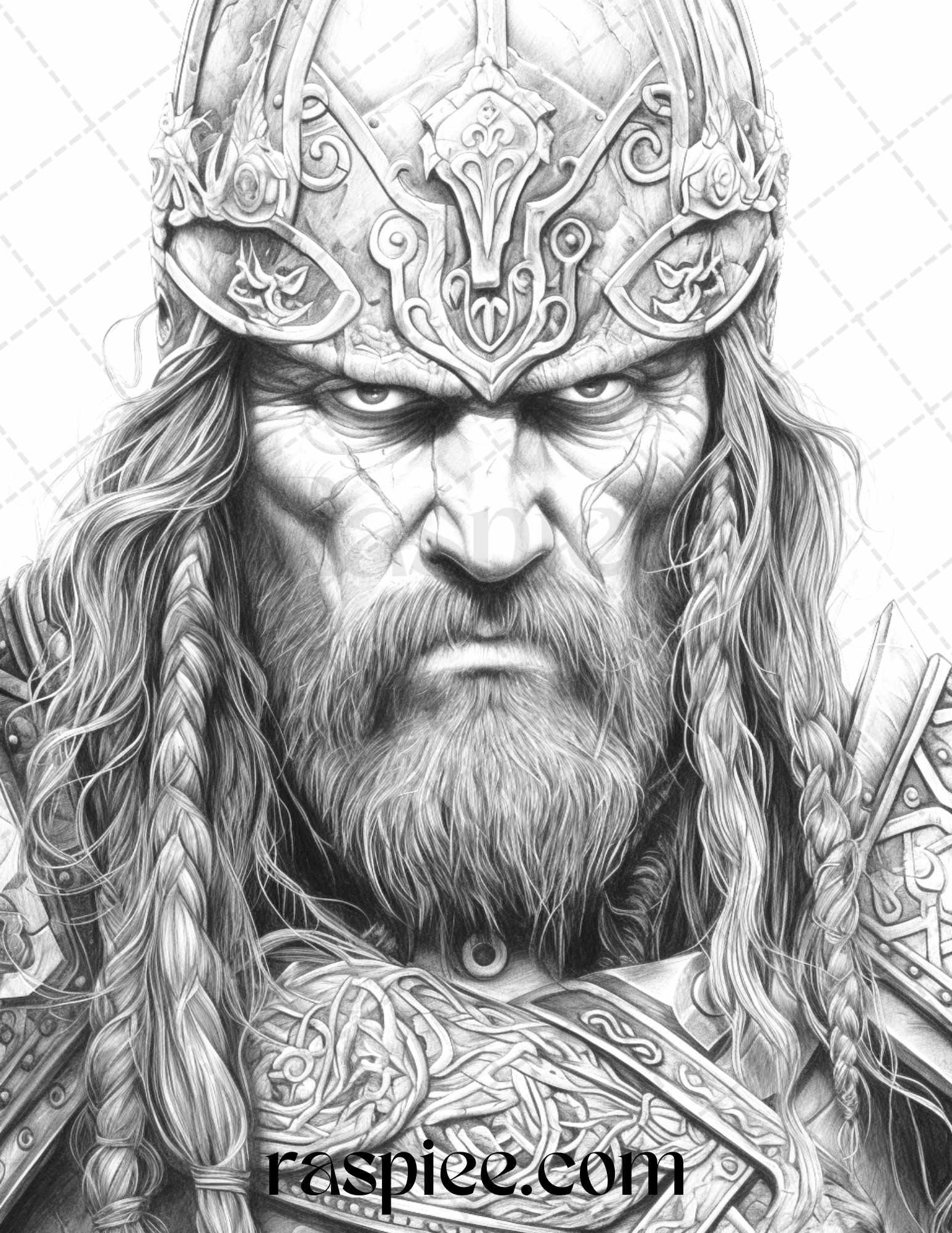 55 Viking Warriors Portrait Grayscale Coloring Pages Printable for Adults, PDF File Instant Download
