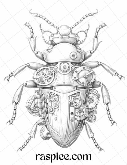 42 Steampunk Bugs Grayscale Coloring Pages Printable for Adults, PDF File Instant Download