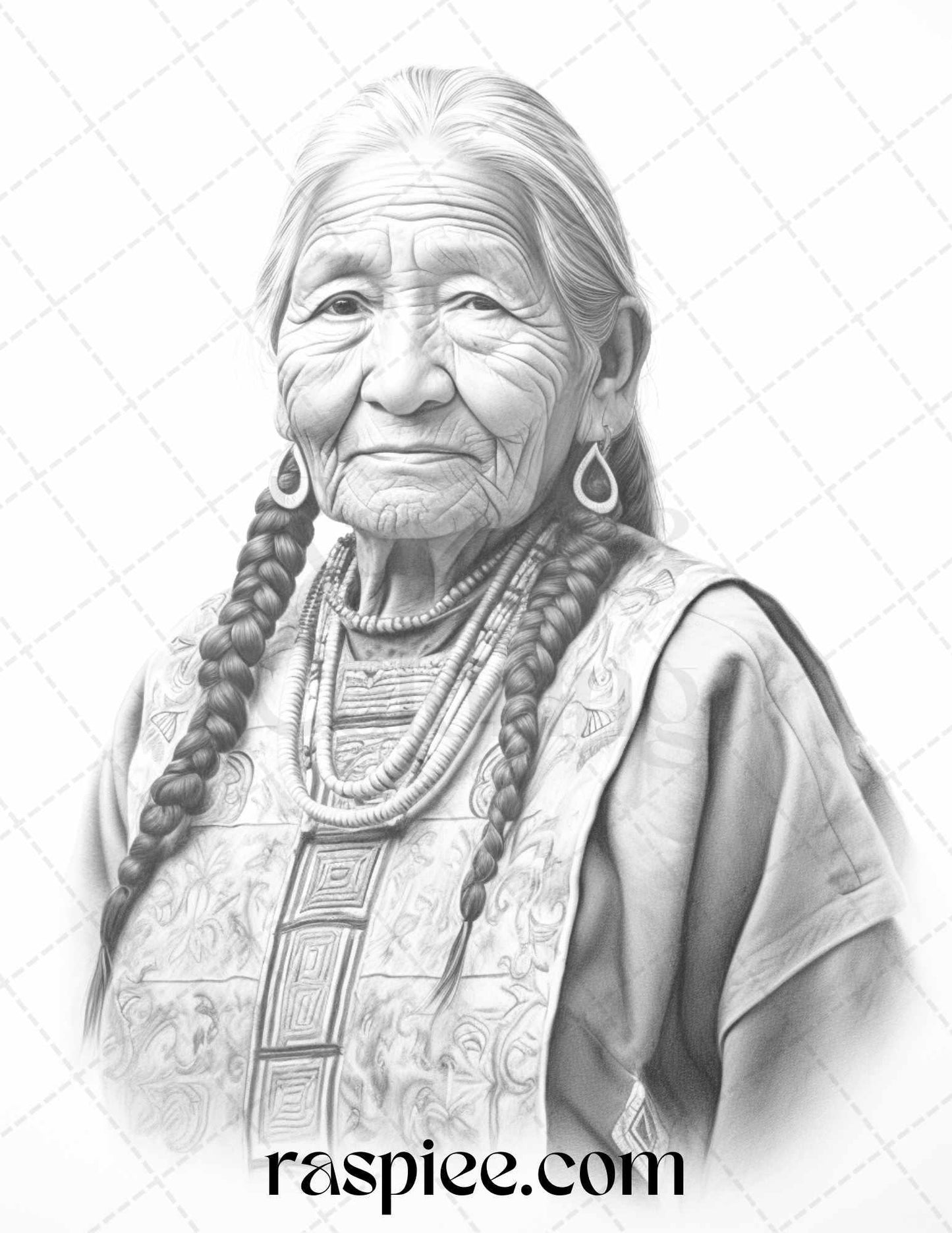 Native American Portrait Grayscale Coloring Pages Printable for Adults, PDF File Instant Download