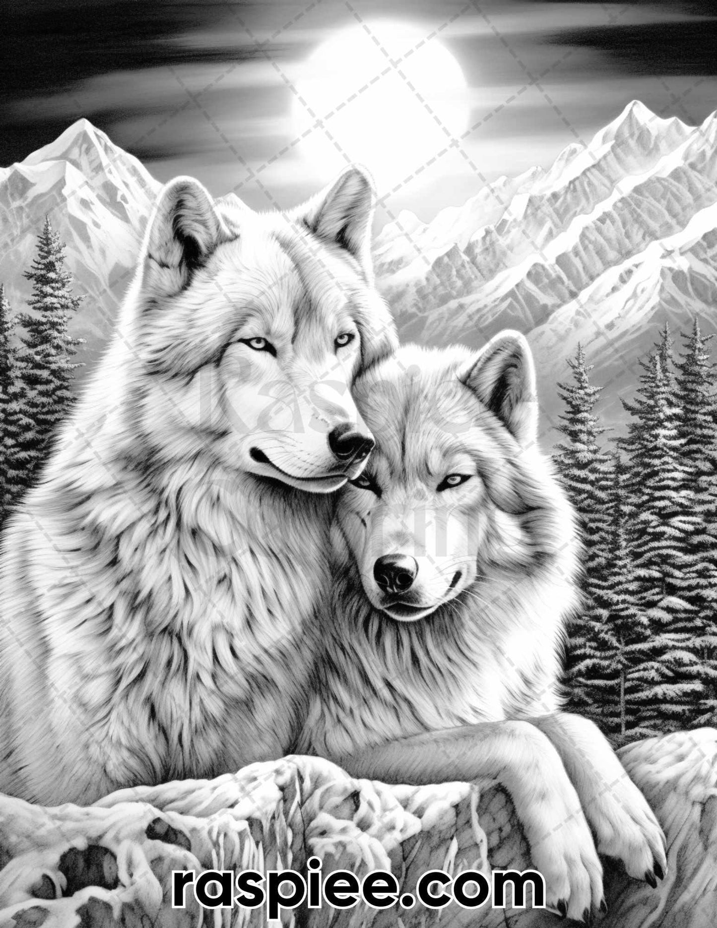 50 Winter Wolf Grayscale Coloring Pages for Adults, Printable PDF Instant Download