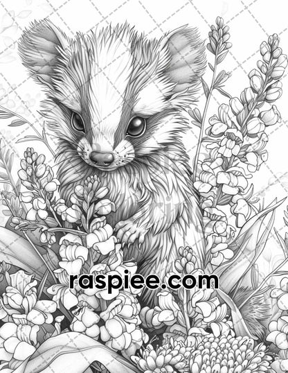 77 Baby Animals with Flowers Grayscale Adult Coloring Pages Printable PDF Instant Download