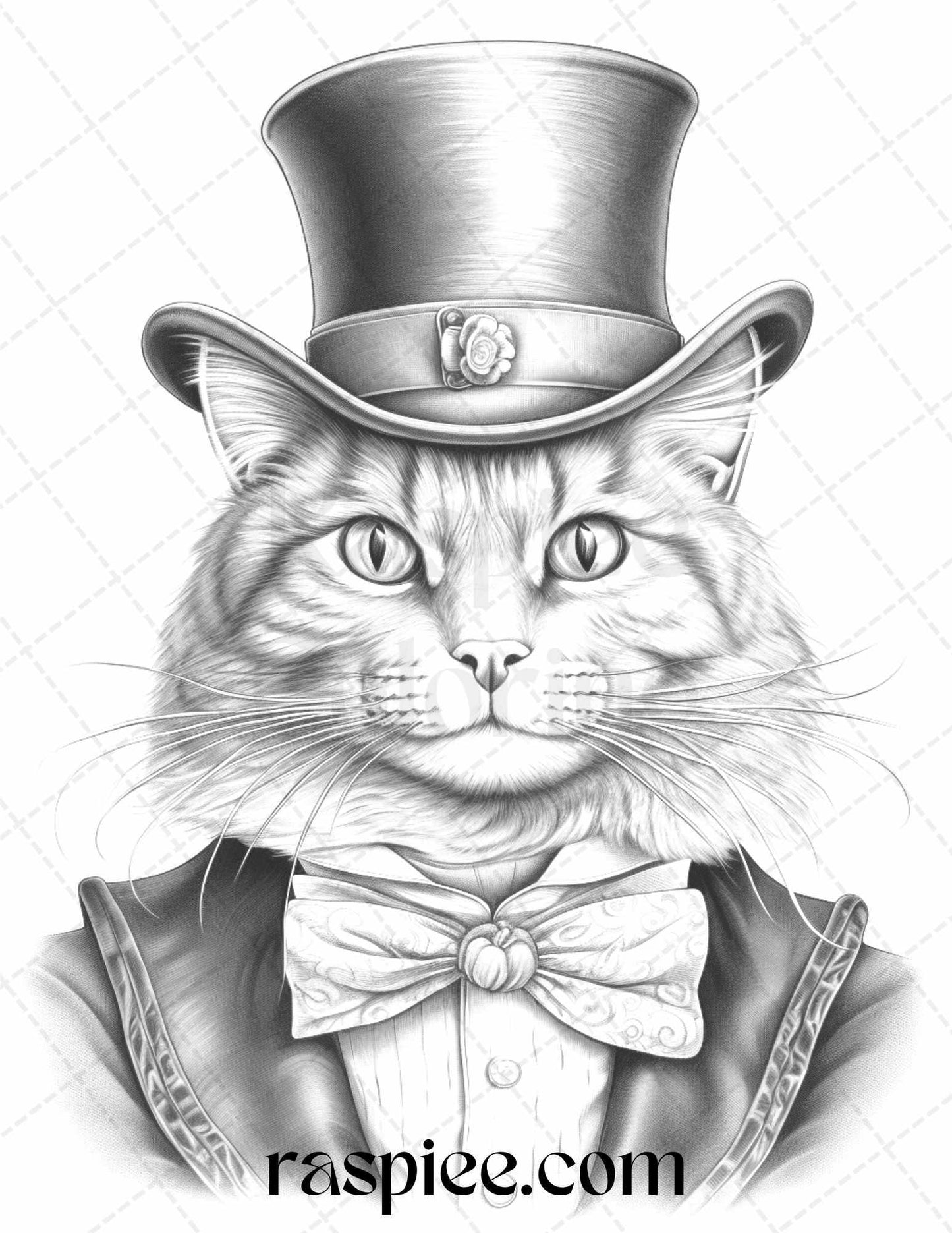 Gentleman Cat Grayscale Coloring Pages Printable for Adults Kids, PDF File Instant Download