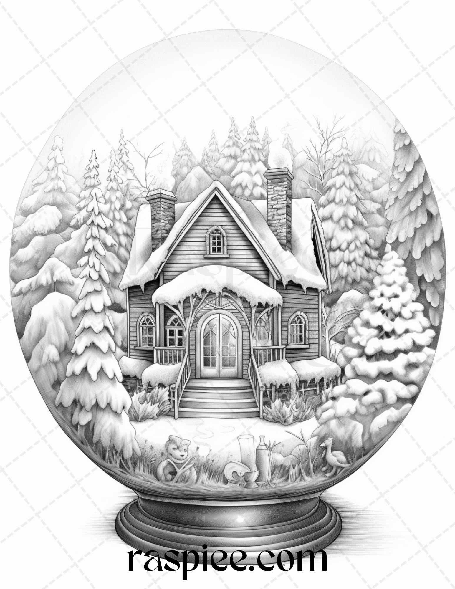 Cozy Cabin in Snow Globe Grayscale Coloring Pages Printable for Adults, PDF File Instant Download